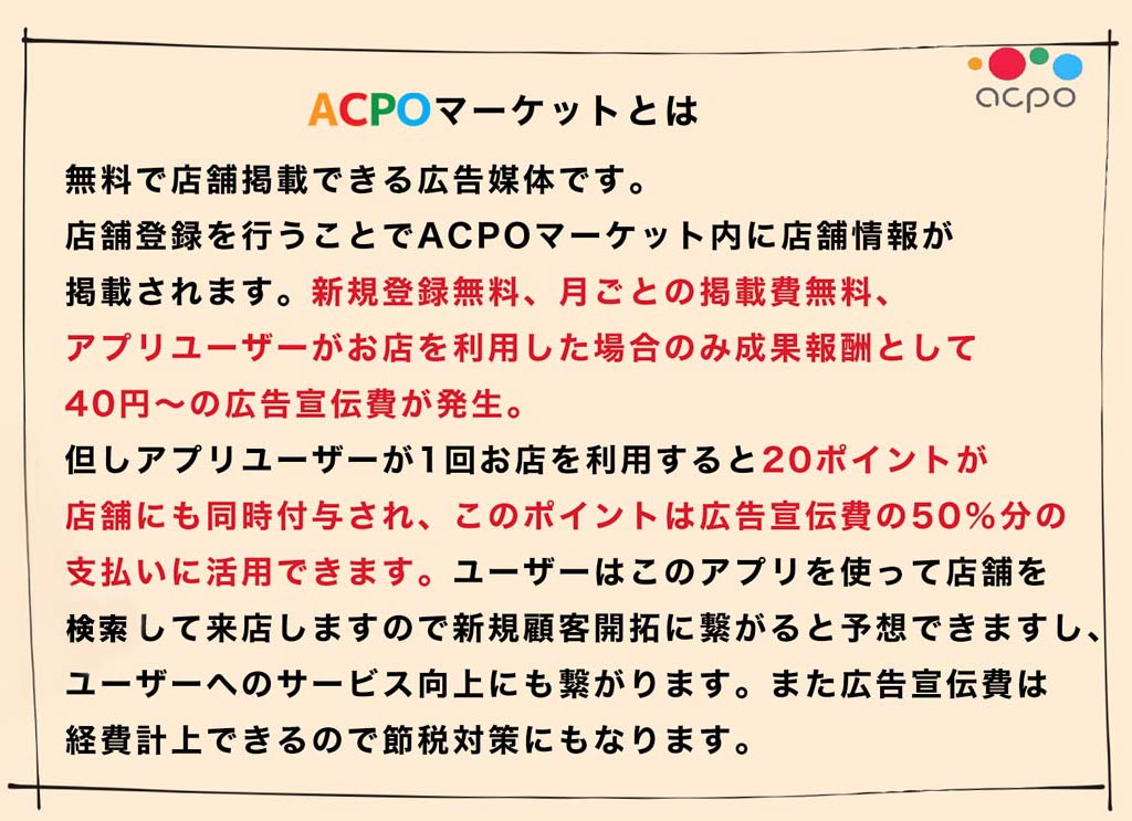 アクポマーケットとは無料で店舗掲載できる広告媒体。新規登録無料、月毎の掲載費無料、成果報酬としてお店を利用した場合のみ広告宣伝費が発生します